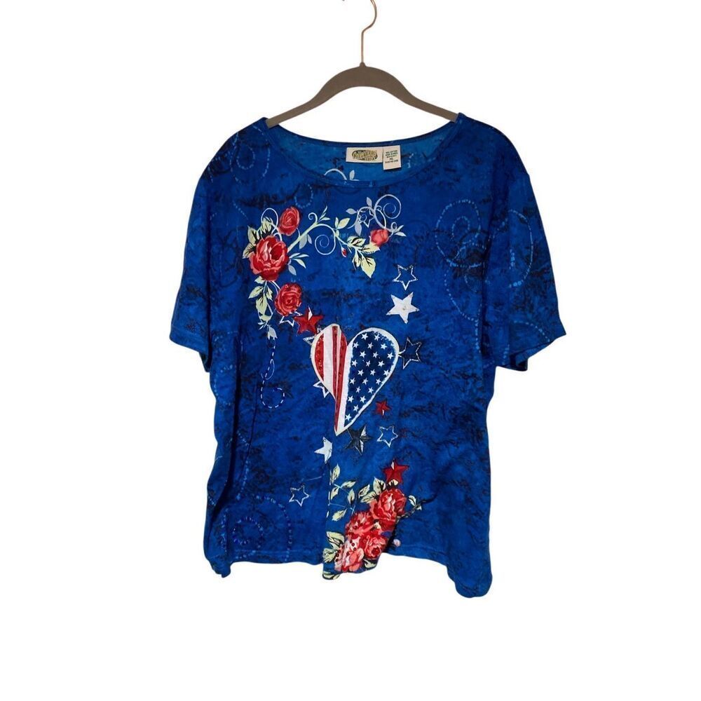 Collection etc patriotic women’s flag, heart short sleeve americana, floral top